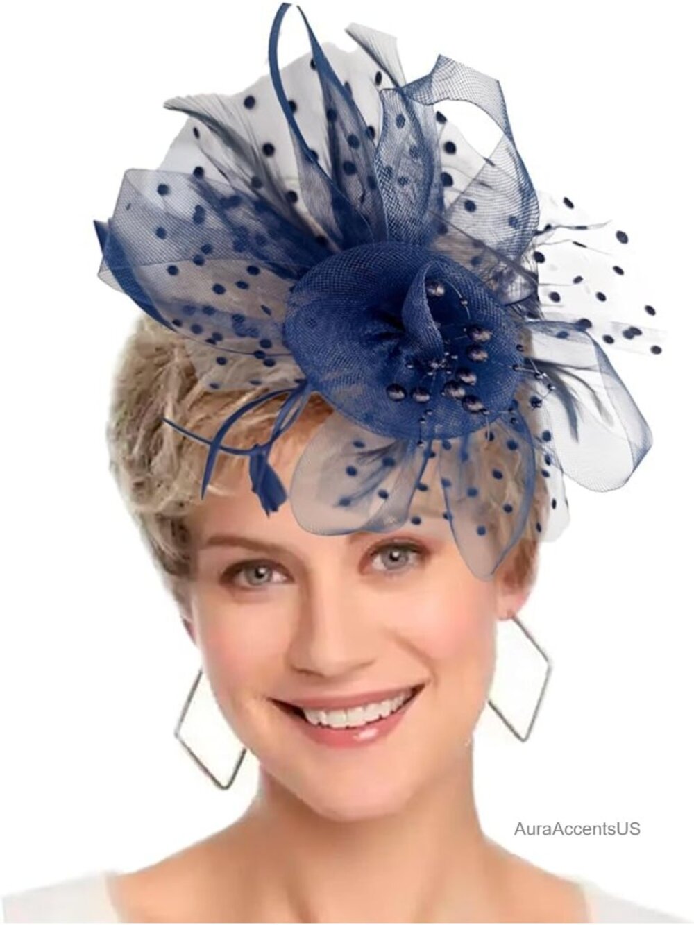Women's Mesh Feather Pearl Fascinator Hat with Veil Hair Clip Headband